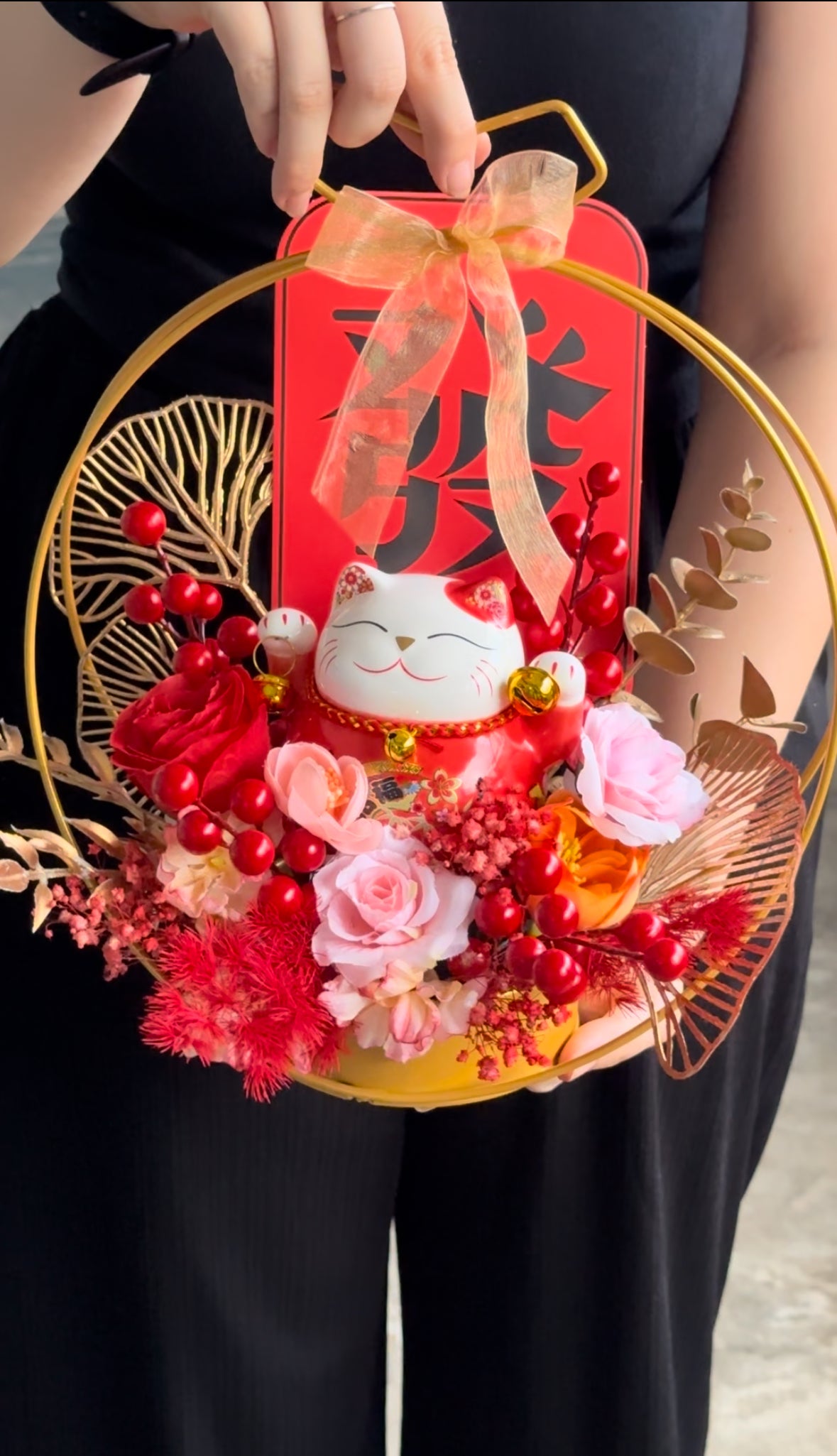 "HUAT" Fortune Cat Preserved Flower Arrangement For Opening