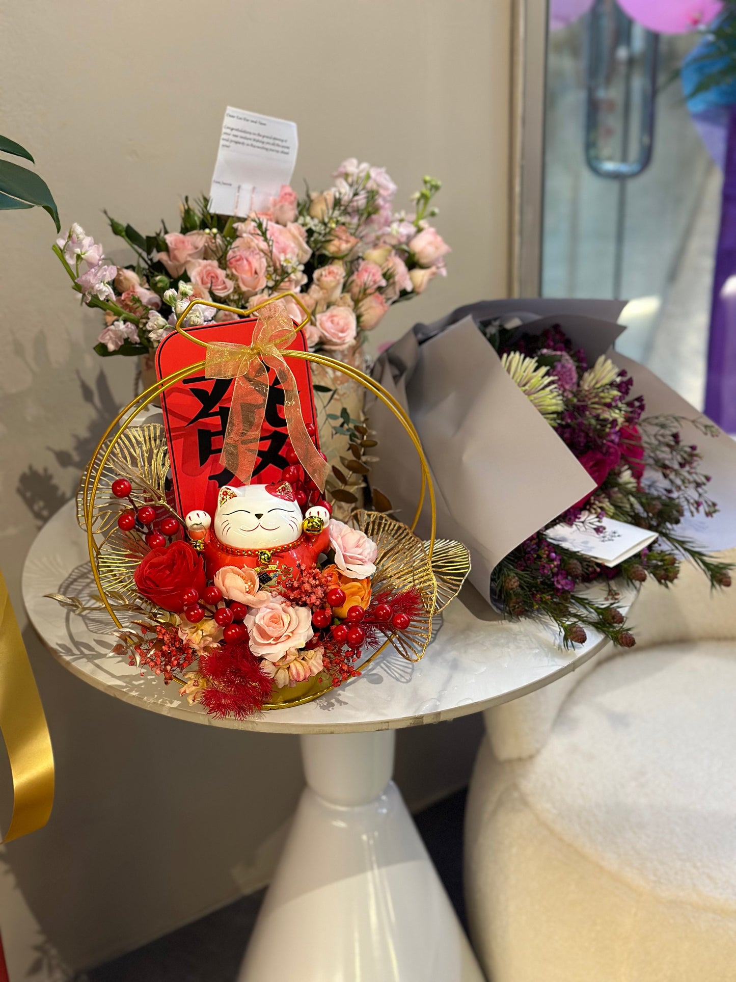 "HUAT" Fortune Cat Preserved Flower Arrangement For Opening