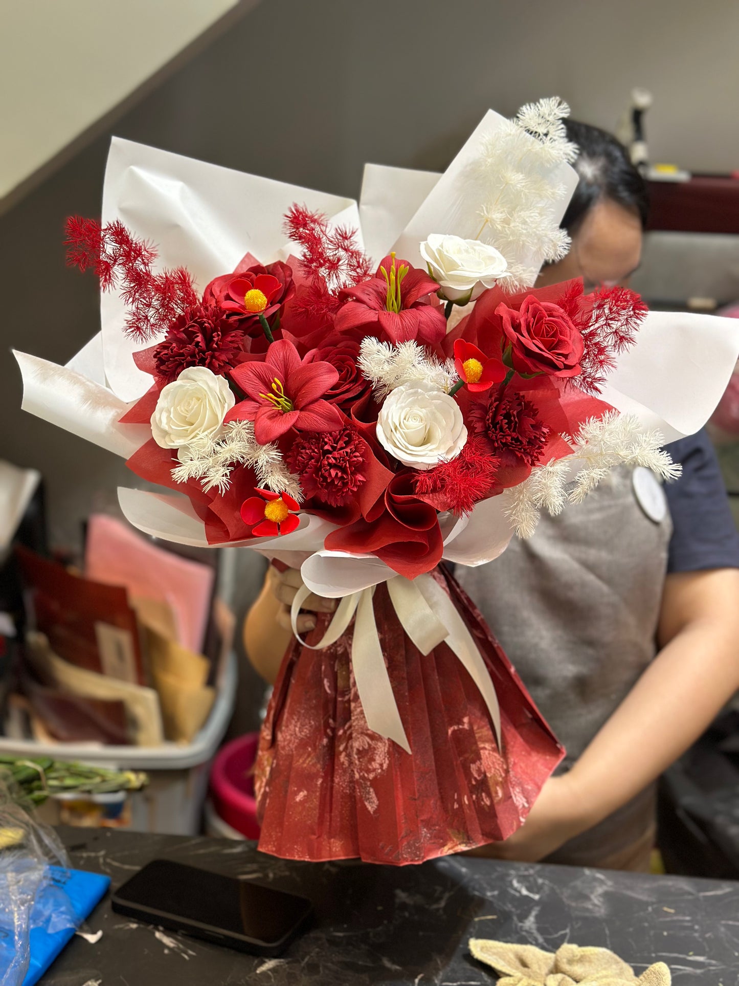 PSF 02 -Red White Preserved Soap Flower Bouquet