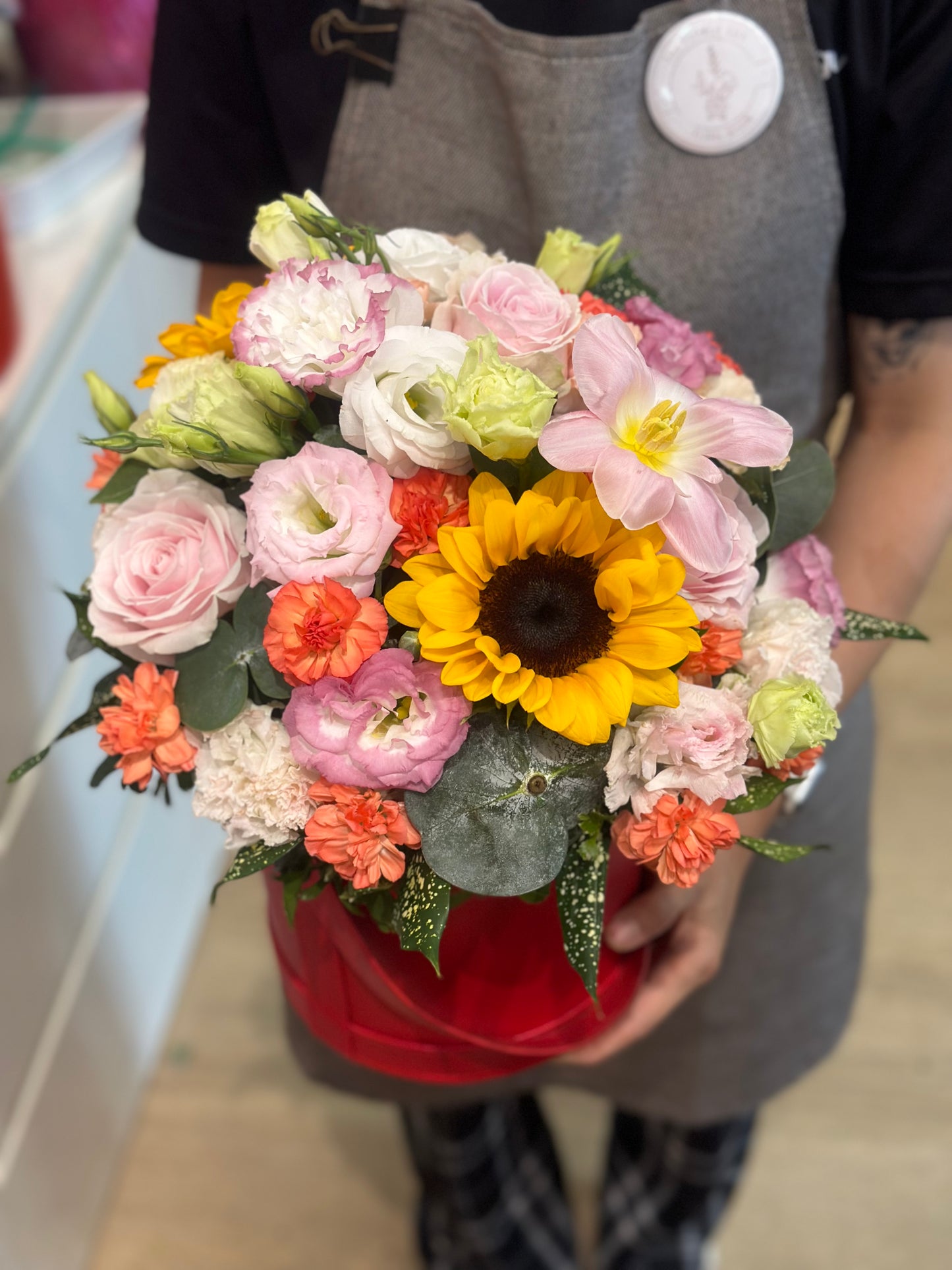 Bright Sunflower Roses Mixed Bloom Box Arrangement