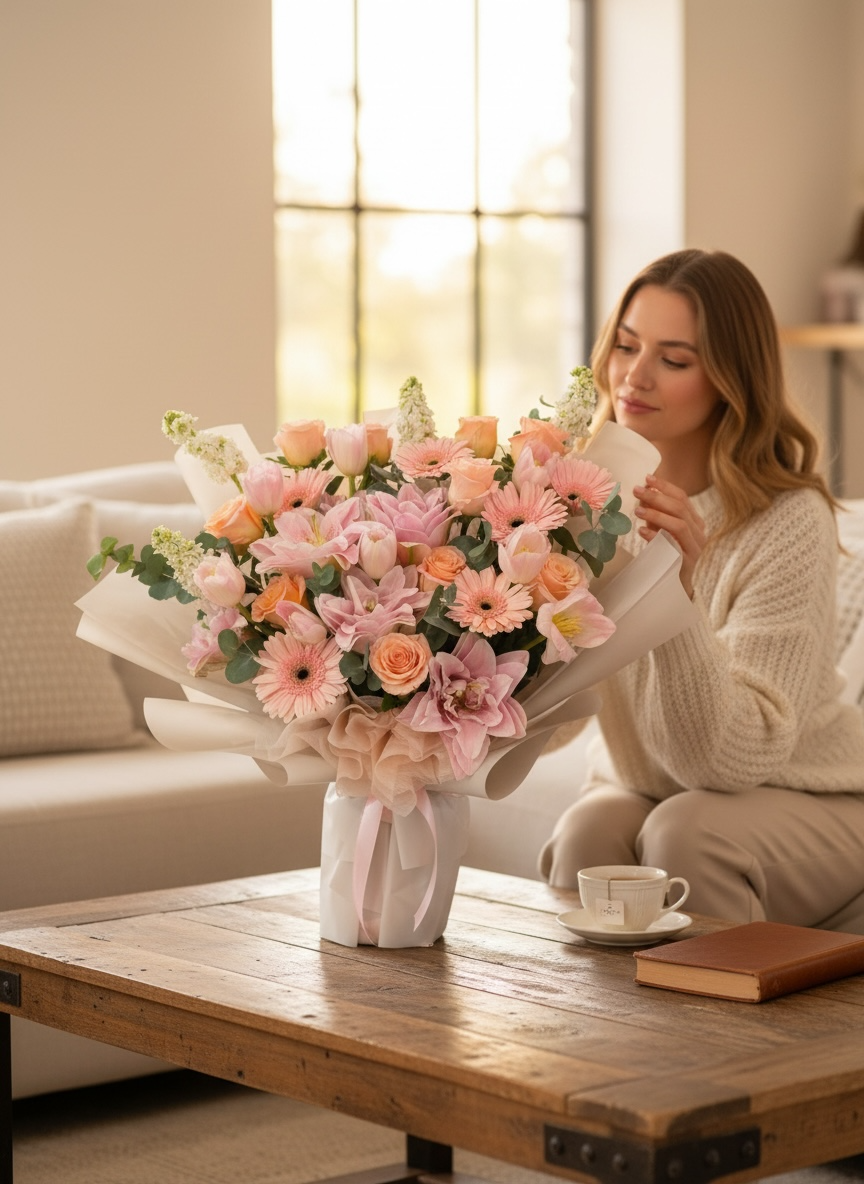 Blush Symphony - Bespoke Lily Mixed Fresh Flower Bouquet