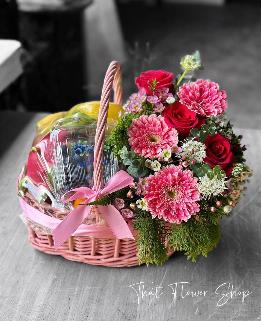 Pink Theme Fresh Fruits & Flower Hamper Basket