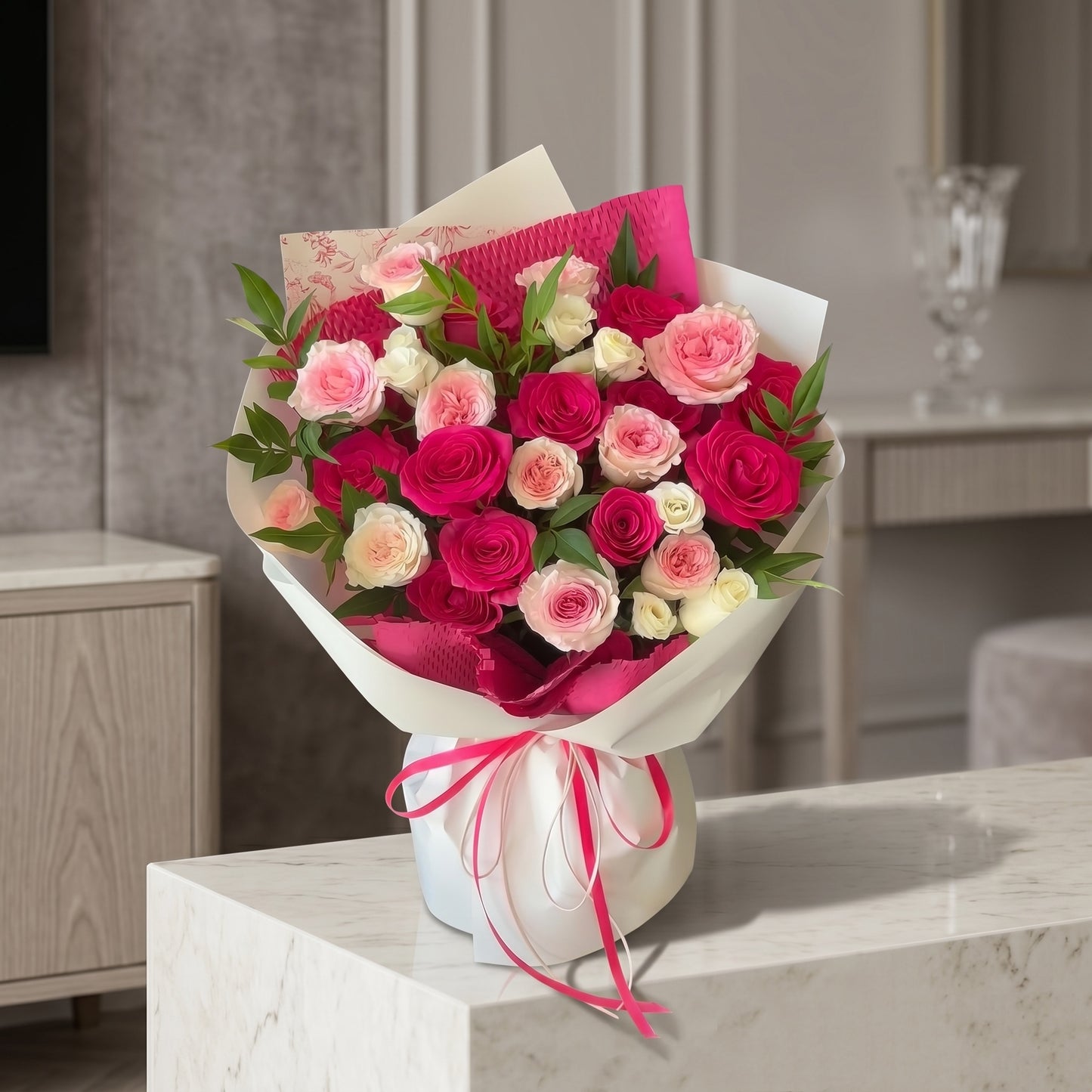 Rosy Romance - Bespoke Mixed Pink Roses Fresh Bouquet