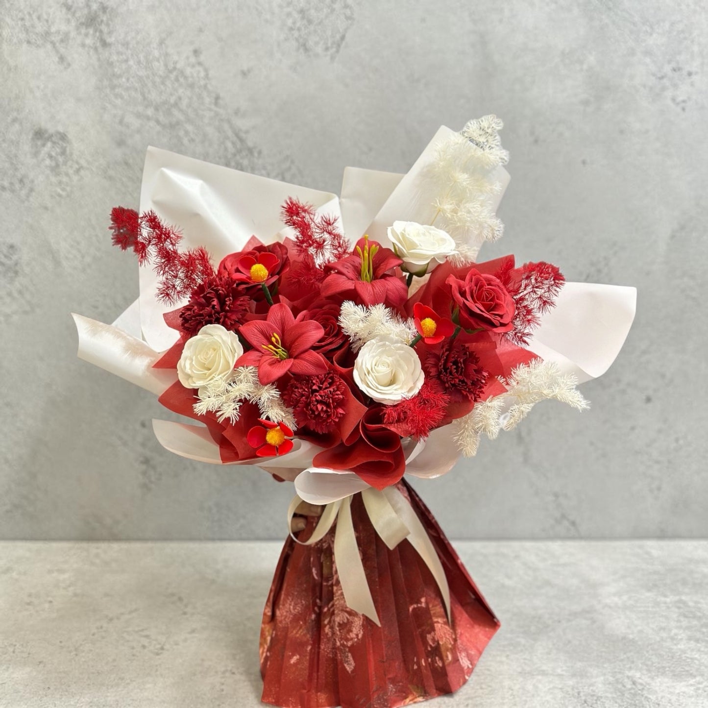 PSF 02 -Red White Preserved Soap Flower Bouquet