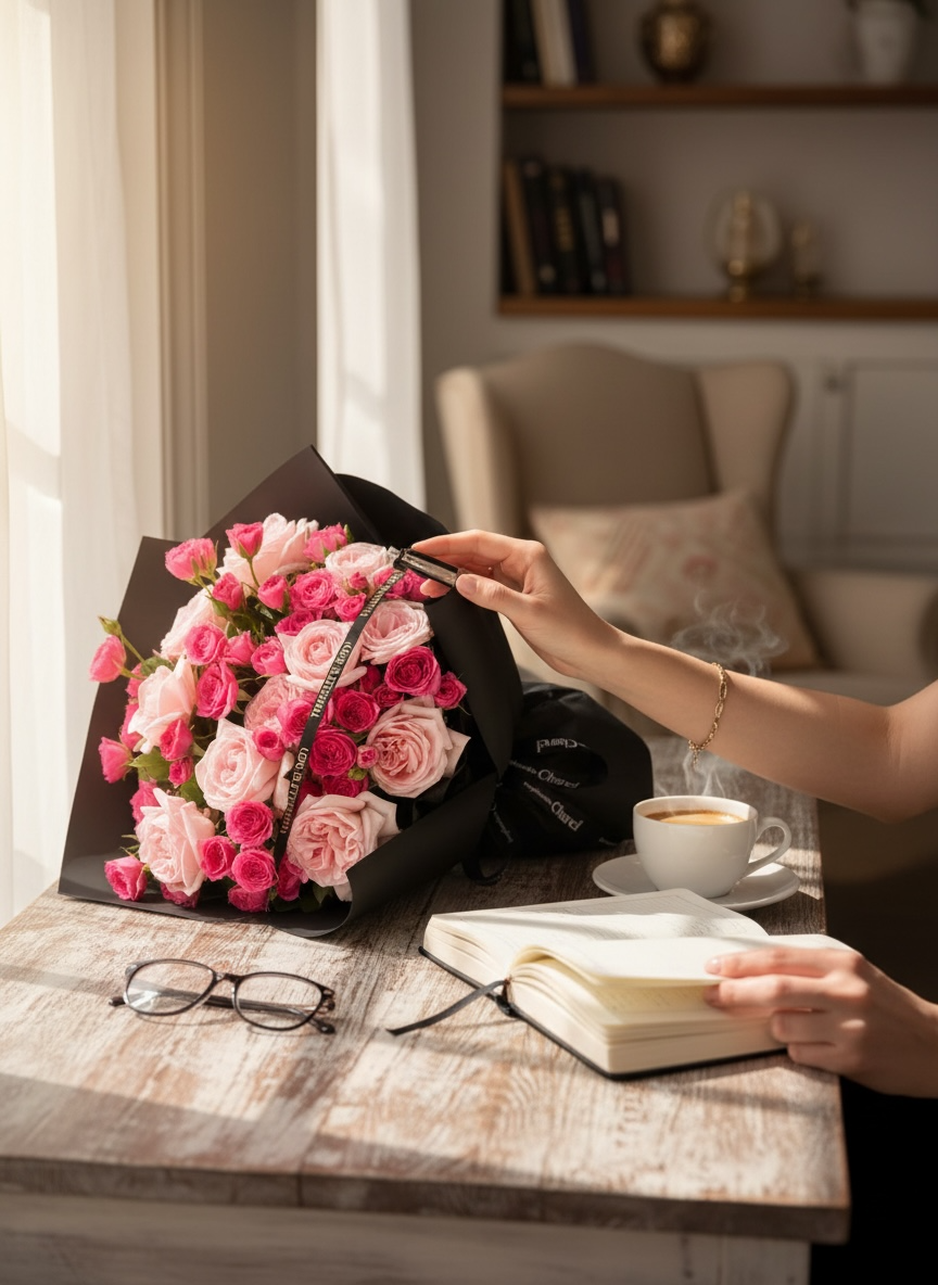 Midnight Blush - Premium Baby Pink Roses Fresh Bouquet