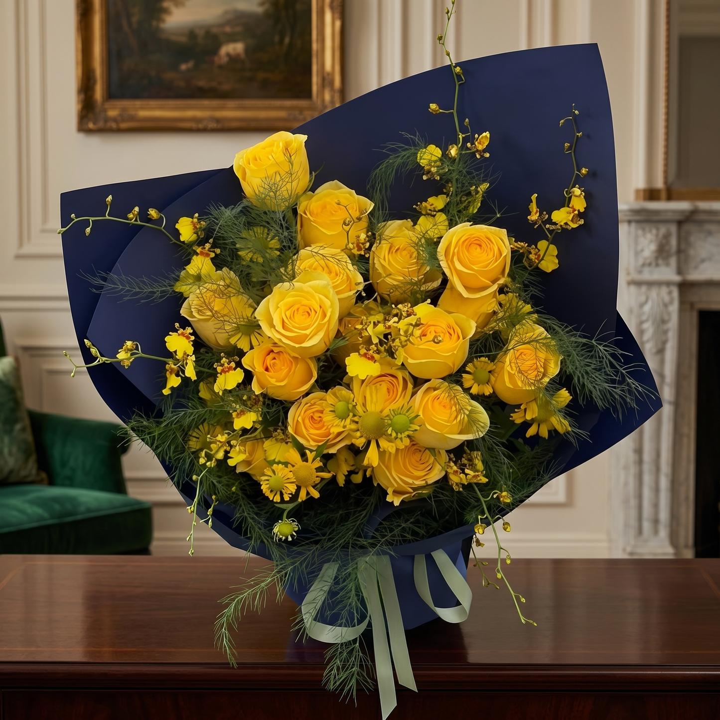 18K Golden - 18 Premium Yellow Roses Fresh Bouquet