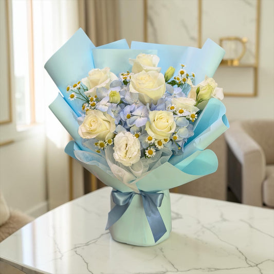 Blue Serenity II - Hydrangeas White Roses Fresh Bouquet