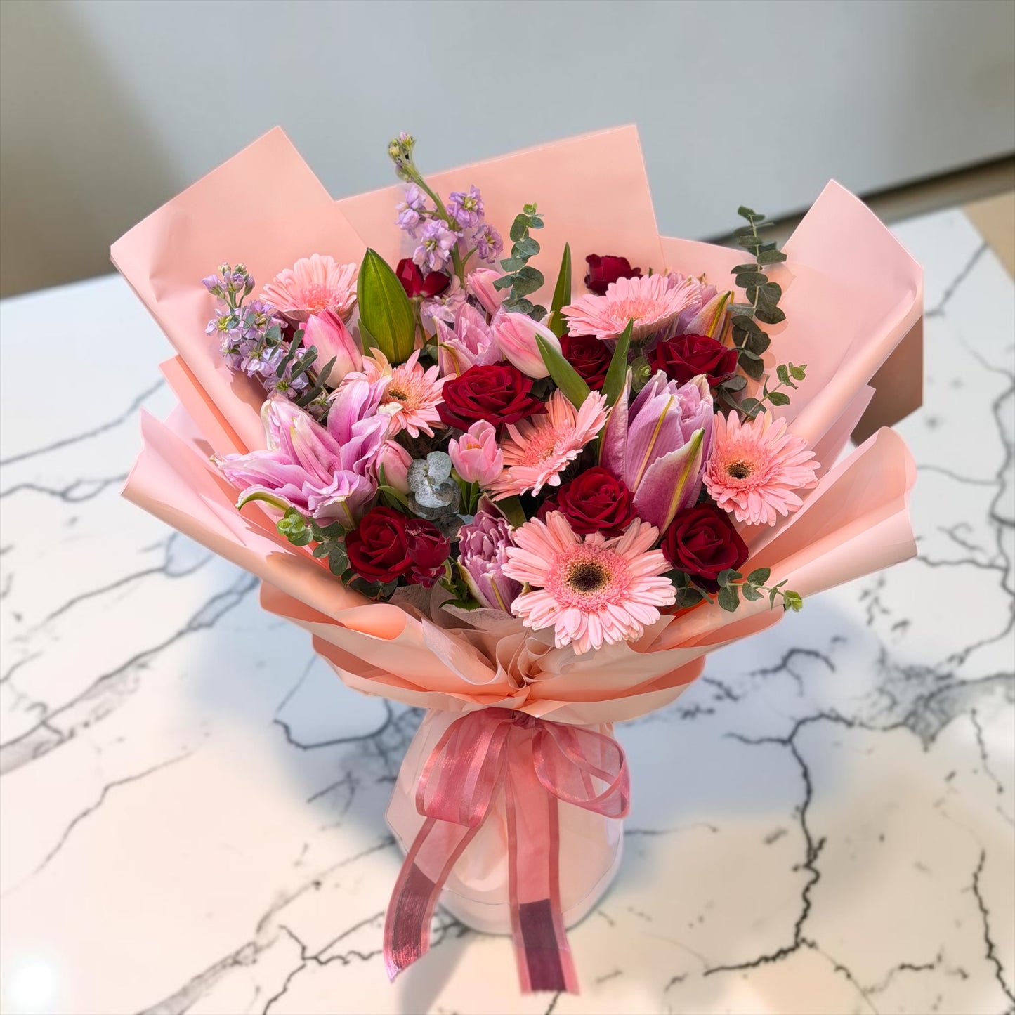 Bush Romance - Lily Tulip Roses Mixed Flower Bouquet