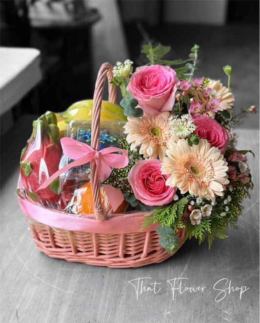 Pink Theme Fresh Fruits & Flower Hamper Basket